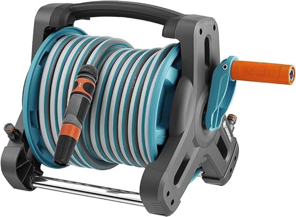 Thuys - Slanghaspel met 10 Meter Tuinslang – Inclusief Sproeikop – Draagbaar – Zwart/Oranje/Grijs