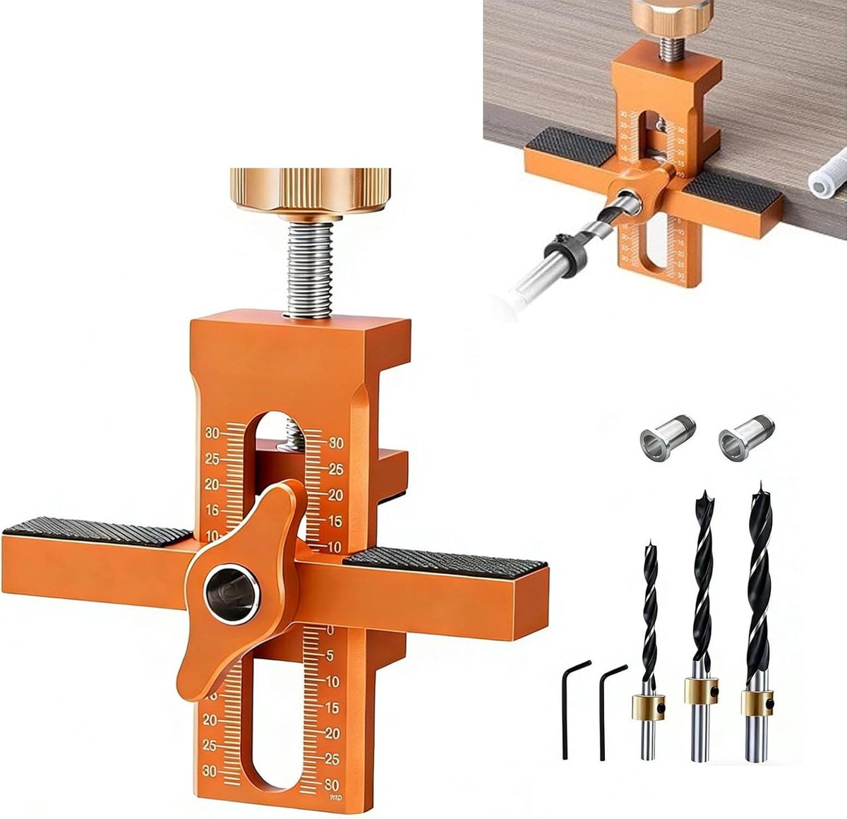 2-in-1 montagehulp voor kastdeuren, kastdeur, positioneerset met 3 boren, aluminiumlegering, instelbare kast, deurinstallatie, positionering voor de installatie van kastdeuren (oranje)