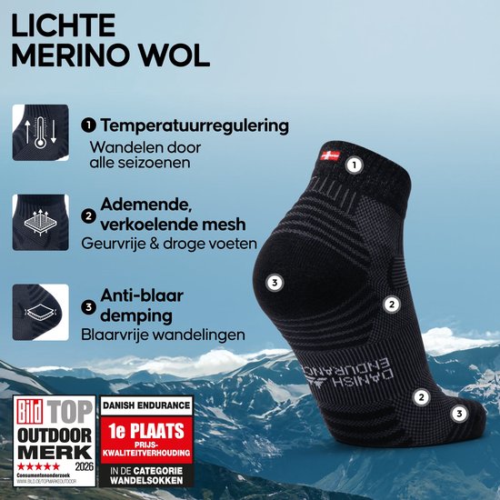 Zwarte wandelsok van lichte merinowol met temperatuurregeling, ademend en anti-blaar demping.