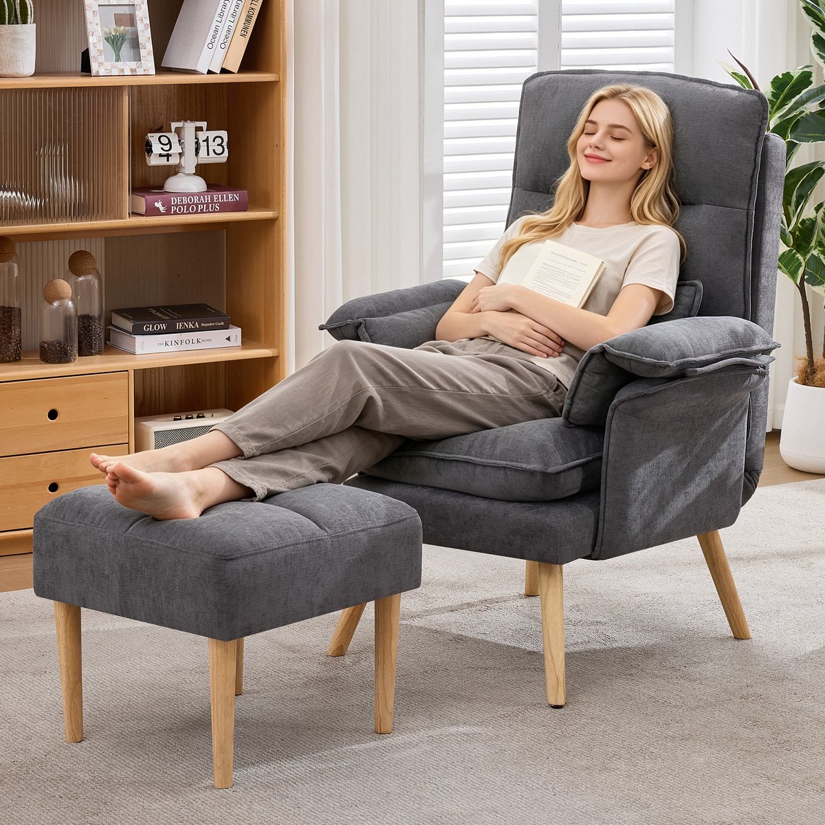 Loungechair met voetenbank - verstelbare ligstoel - met hoofdsteun - armleuningkussen - leesstoel - tv-stoel - grijs