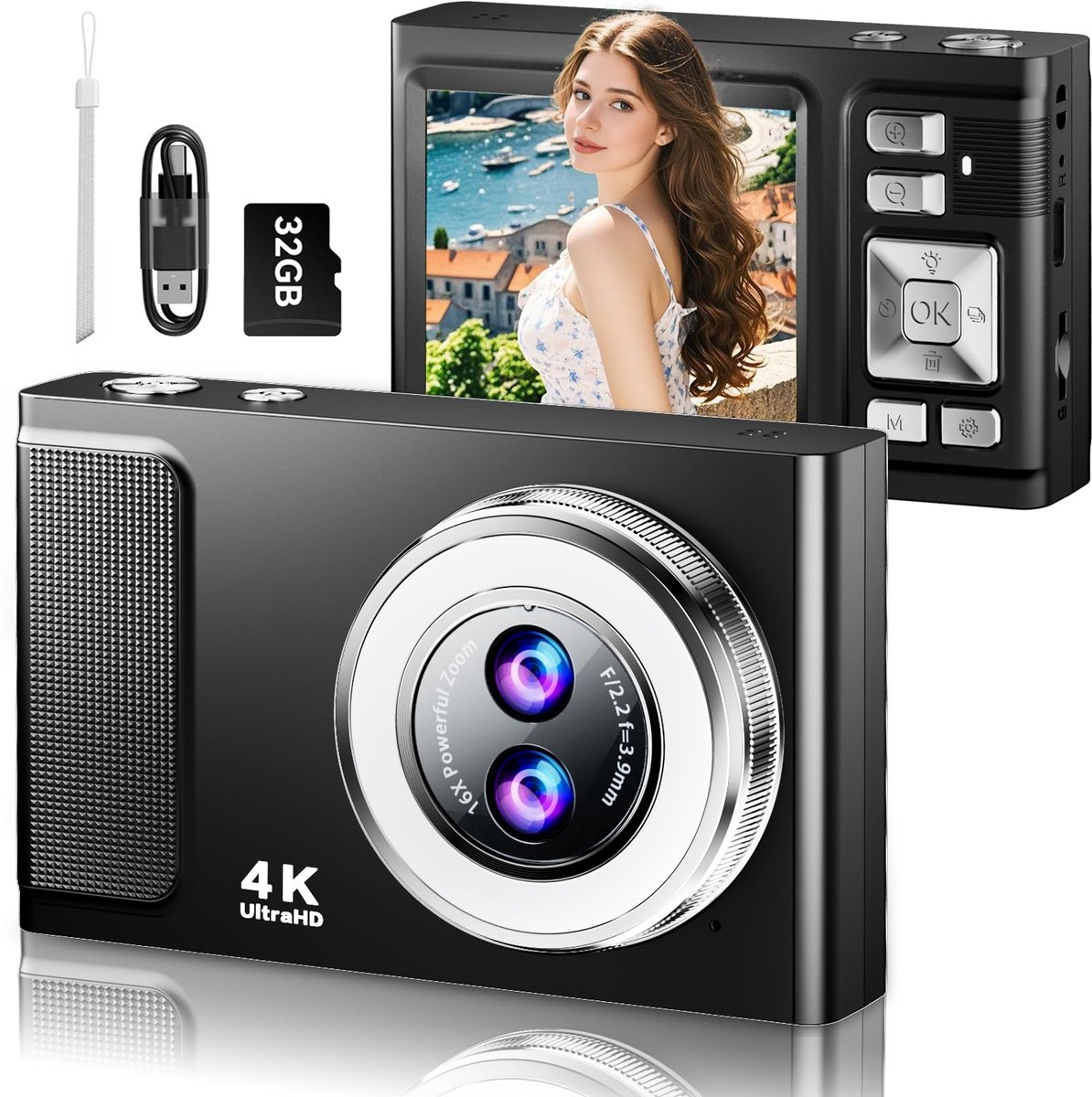 SnelShoppen - 2.8 Inch Digitale Camera met 4K HD, 16X Zoom, 48MP Autofocus, Inclusief 32G SD Kaart, Voor Jongeren, Volwassenen, Zwart