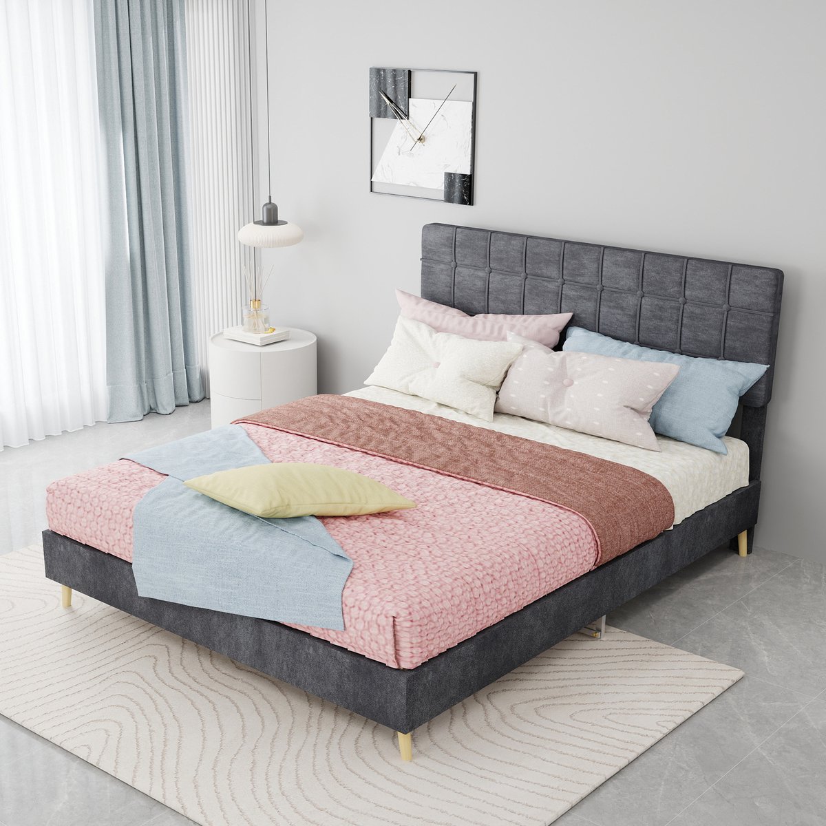 Gestoffeerd bed - Met hoofdbord - Fluweel - Grijs