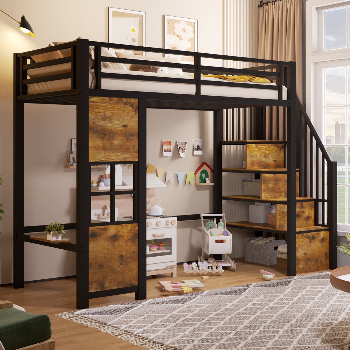Hoogslaper 90 x 200 cm - Met opbergruimte - Met veiligheidsrail - Met lattenbodem - MDF/Metaal - Zwart