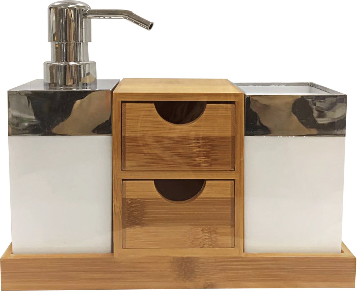 MSV Badkamer Accessoireset – Badkamerset met Zeepdispenser, 2 Lades en Beker – Compacte Badkamer Accessoires Set