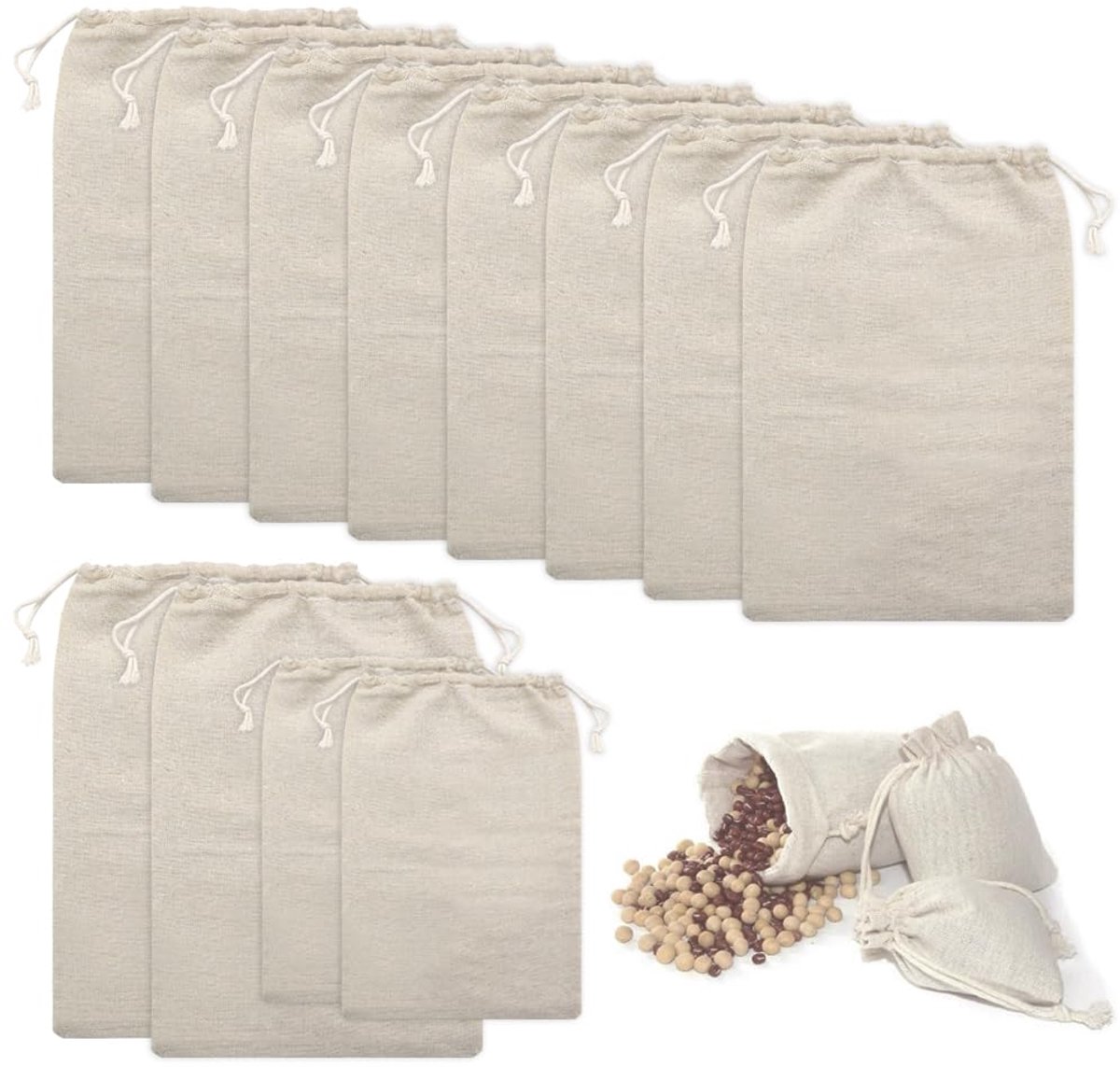 12 stuks katoenen zakken met trekkoord, 20 x 30 cm, kleine stoffen zakken, herbruikbaar, jute zakjes voor het bewaren van levensmiddelen, sieraden, specerijen, doe-het-zelf geschenkverpakkingen