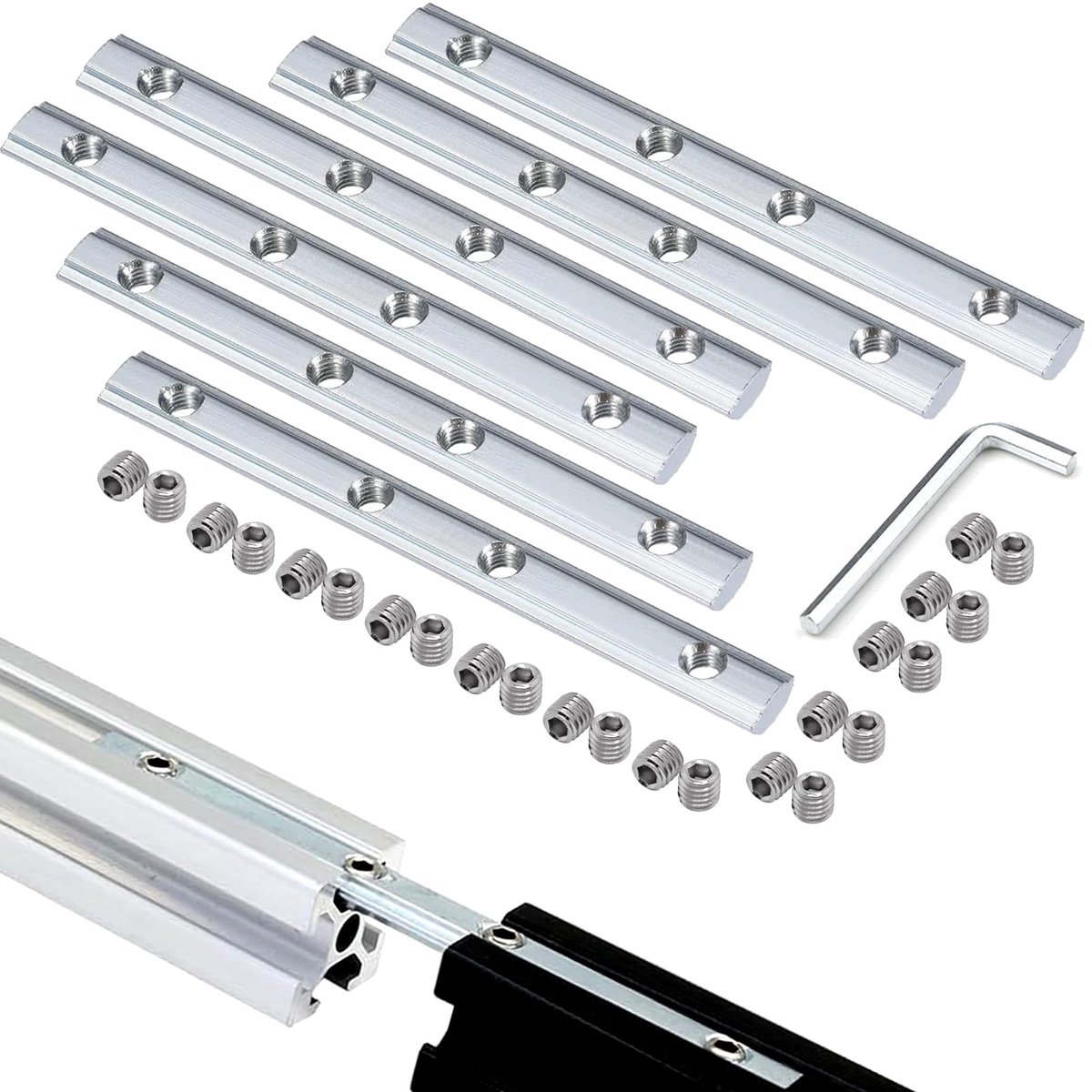 6 stuks rechte lijn spoorconnectoren met schroeven, L-type sleutel, 100 mm aluminium extrusieprofielverbinding binnen connectoren rechte lijnconnector voor 2020-serie T-sleuf 6 mm aluminium
