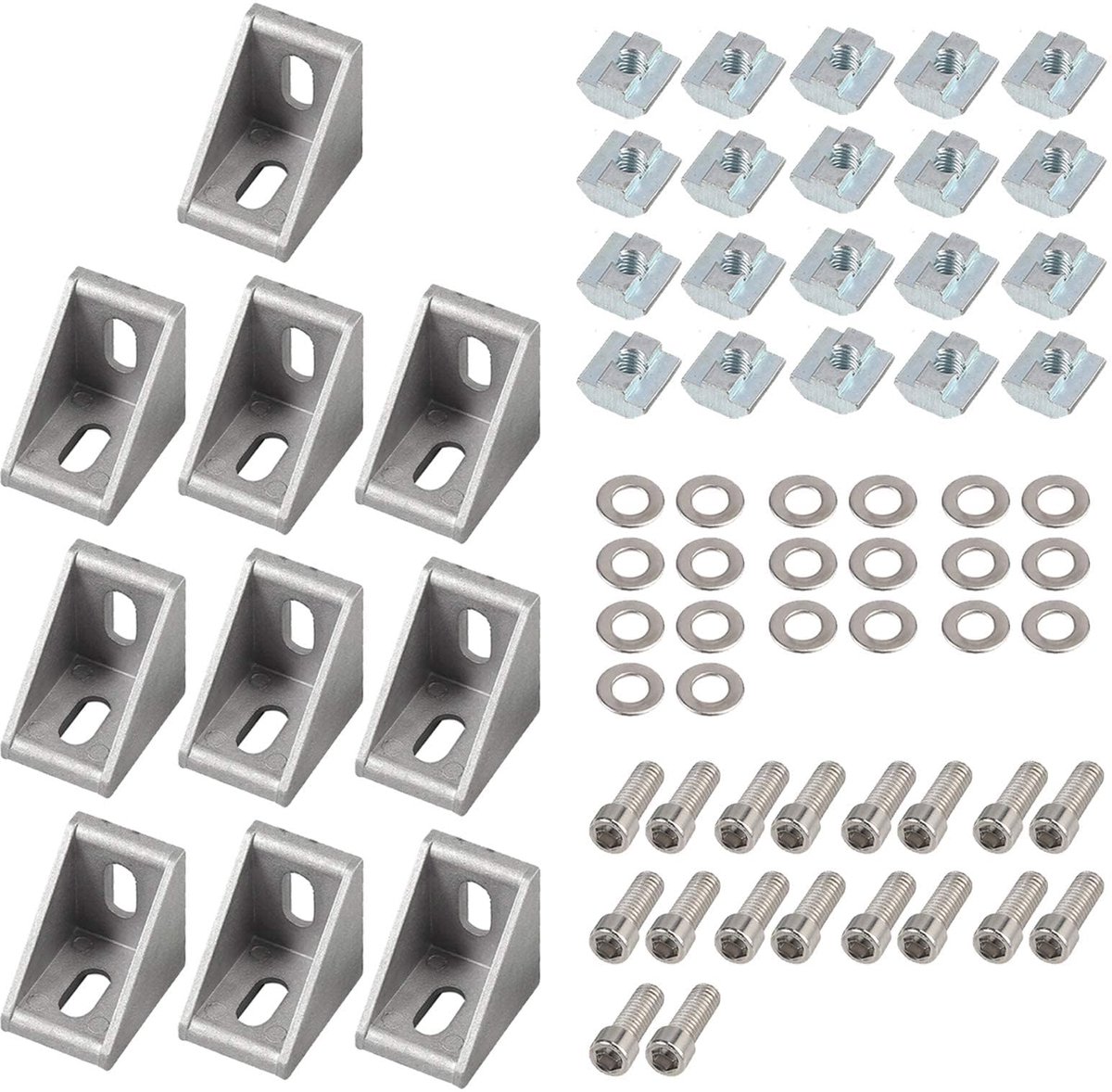 Aluminium hoekmontagebeugels, 90 graden hoekconnector 4040 extrusieprofiel L-vorm hoekscharnierbeugels met 8 mm sleuven, bevestiging met M8 zeskantschroeven en T-moeren