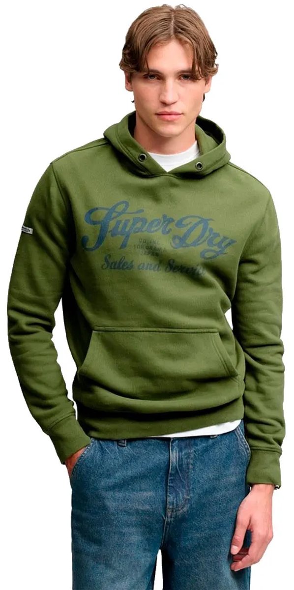 Superdry Script Hoodie Heren Hoodies Vintage Saliegroen