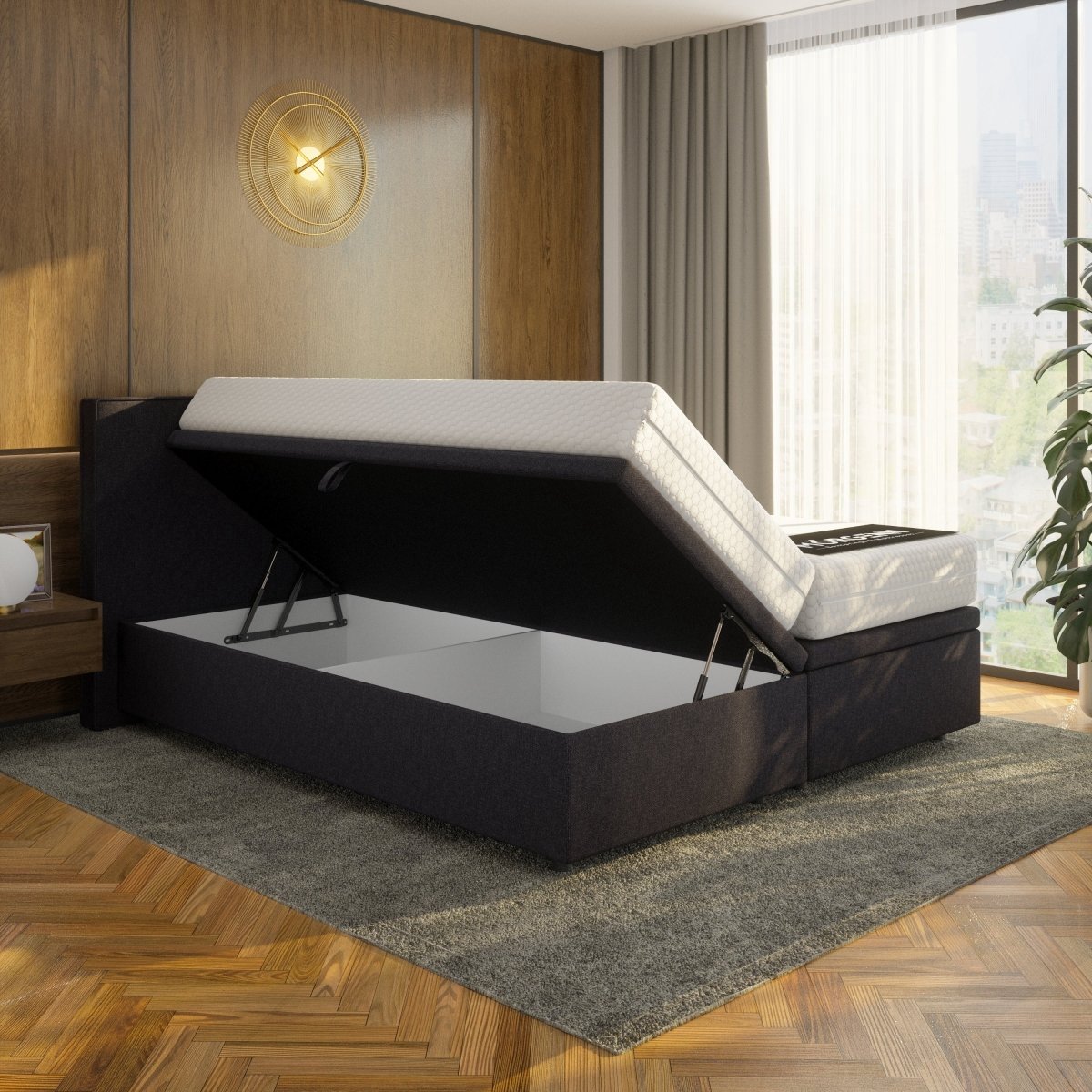 Mörgenn Opbergboxspring Havn - 900 Liter Opbergruimte - Zwart - 160x210 cm - Met Suprême Matras - Inclusief Dekbed en Kussens Zwart (SIC Austin 21)
