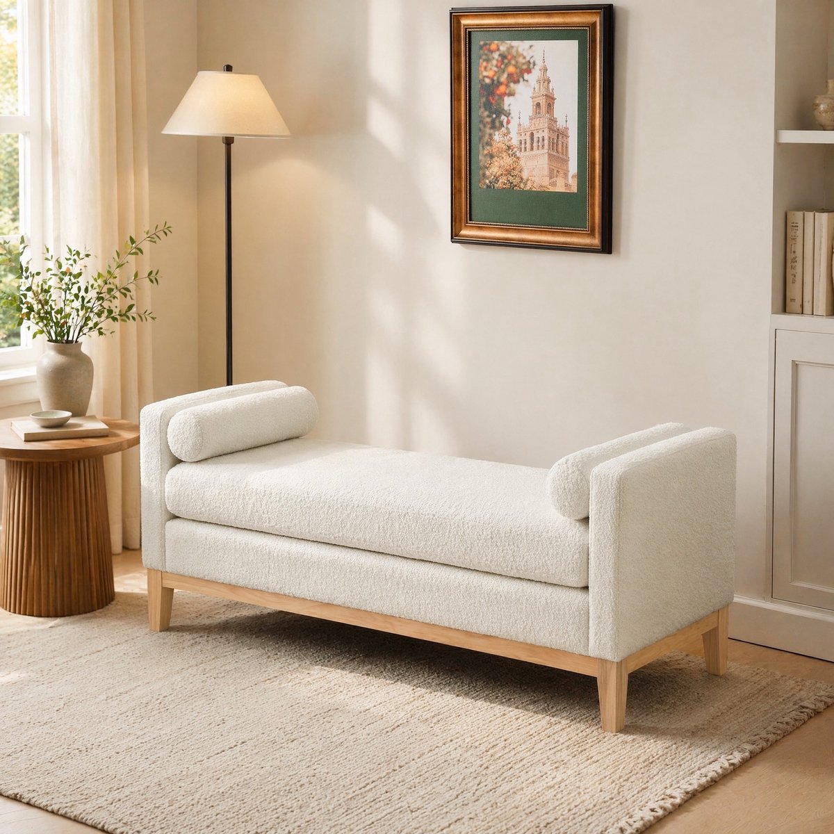 REDOM - Bank - Bedbank met 2 kussens - Gestoffeerde loungebank met houten poten - Voor slaapkamer, woonkamer en entree - Bouclé stof - 149 x 50 x 63,5 cm