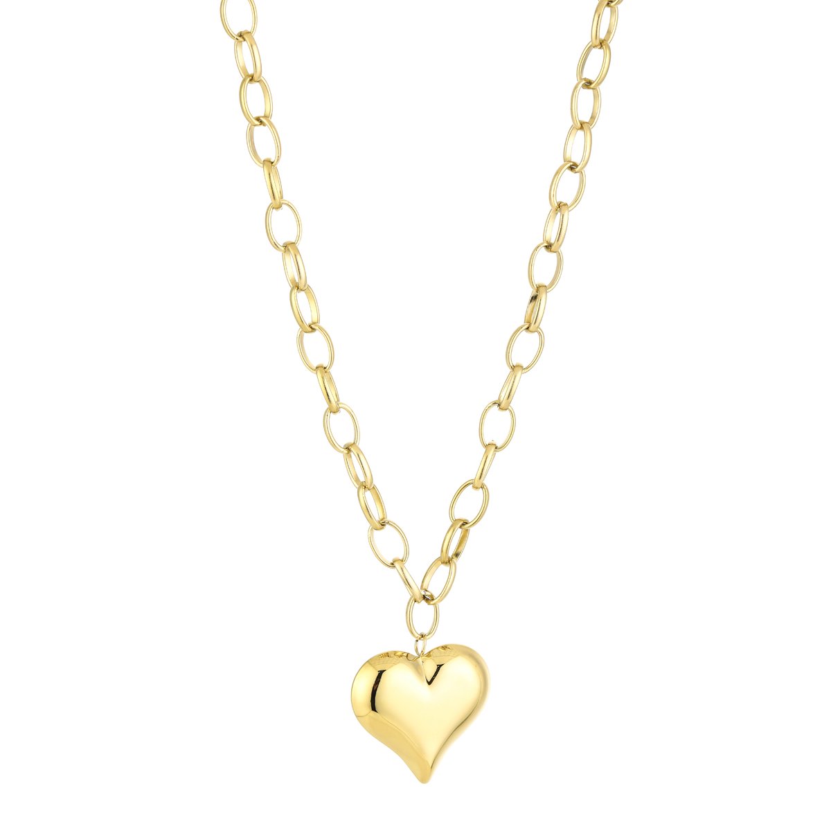 Heart Pendant Oval Link Chain Long Necklace – 60 CM Lange Ketting met Hart – RVS - Goud