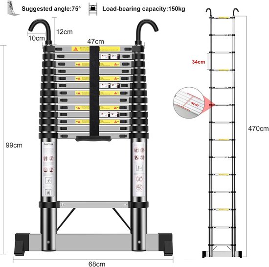 Telescopische Ladder - Uittrekbare Ladder Opvouwbare Ladder - Klusjes Binnen en Buiten - Met Haken en Stabilisator - 4.7 Meter — afbeelding 5