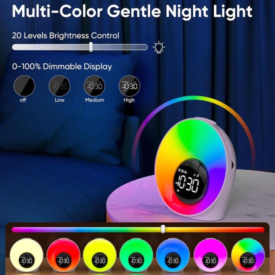 Sunrise Alarm Clock - Wake Up Light - Natuurlijk Wakker Worden - 30 Ontspanning Geluiden - 14 Kleuren - Wit — afbeelding 3