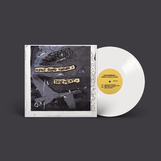 Disque vinyle 10 pouces Pavement Perfect Sound Forever EP, avec sa pochette d'origine et un disque vinyle blanc.