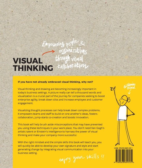 Boekcover van 'Visual Thinking' met de tekst 'Empowering people & organizations through visual collaboration' en een schematische tekening van een persoon.