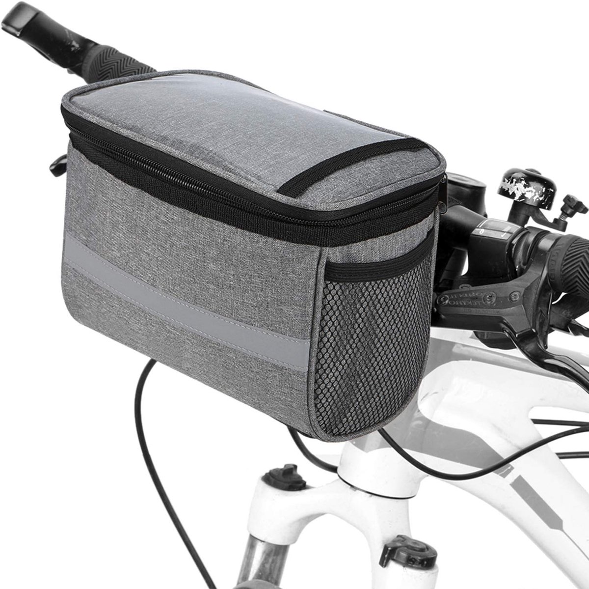Mountainbiketas - Polyester stuurtas - Geïsoleerd hoofdvak - Reflecterende strips - Transparant telefoonvak (voor navigatie) - Universeel en eenvoudig te installeren - Grijs - 21.5*13.5*16.5cm