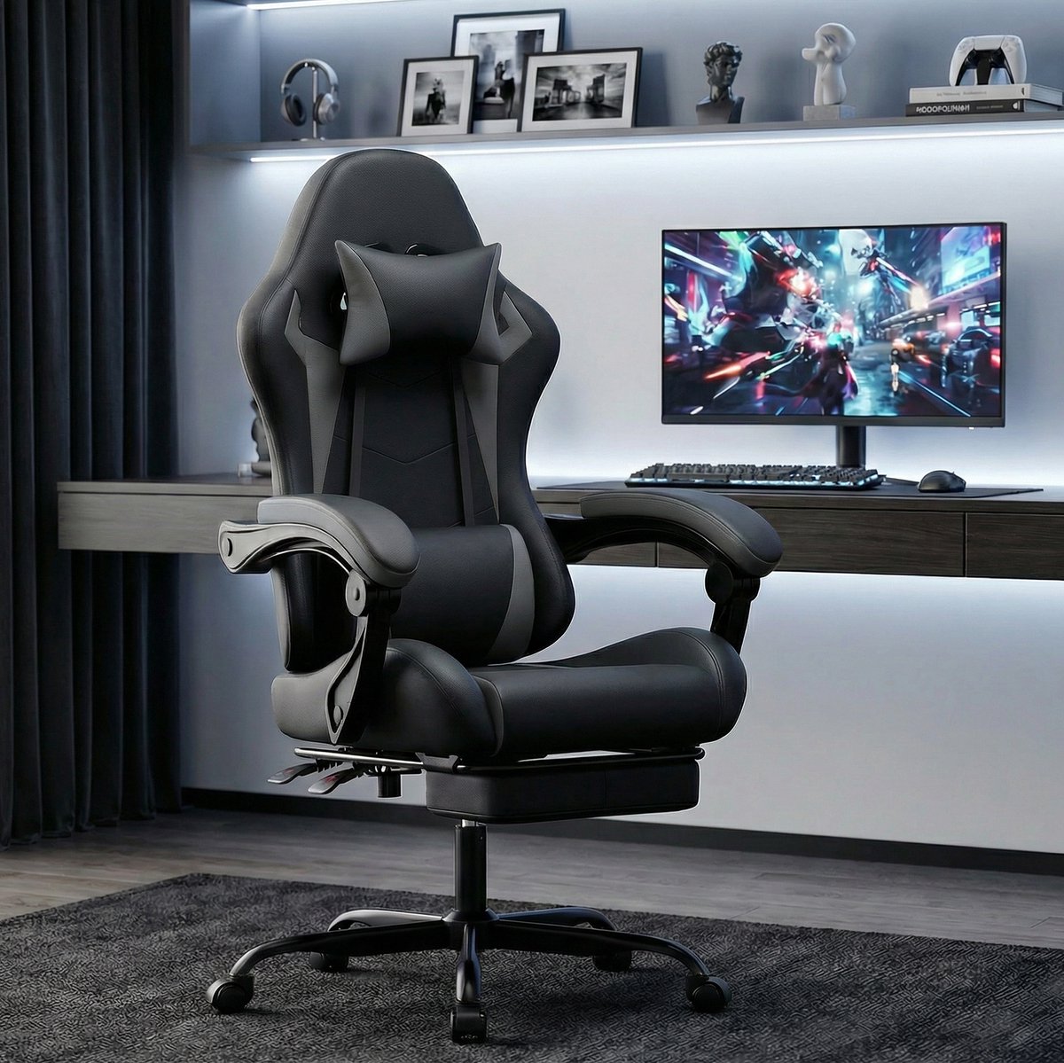 REDOM - Gamingstoel - Ergonomisch - Verstelbare hoofdsteun en lendenkussen - Kantelbare rugleuning en voetsteun - Zwart grijs - 77 x 57 x 127 cm