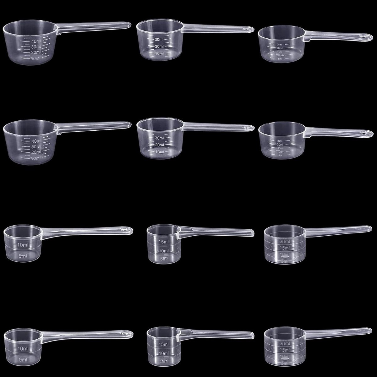 SnelShoppen - 12 Stuks Maatlepels Set, 5g 7.5g 10g 15g 20g 25g Plastic Maatlepels Transparant met Schaal, Keuken Hulp voor Afwasmiddel, Duurzaam en Ge