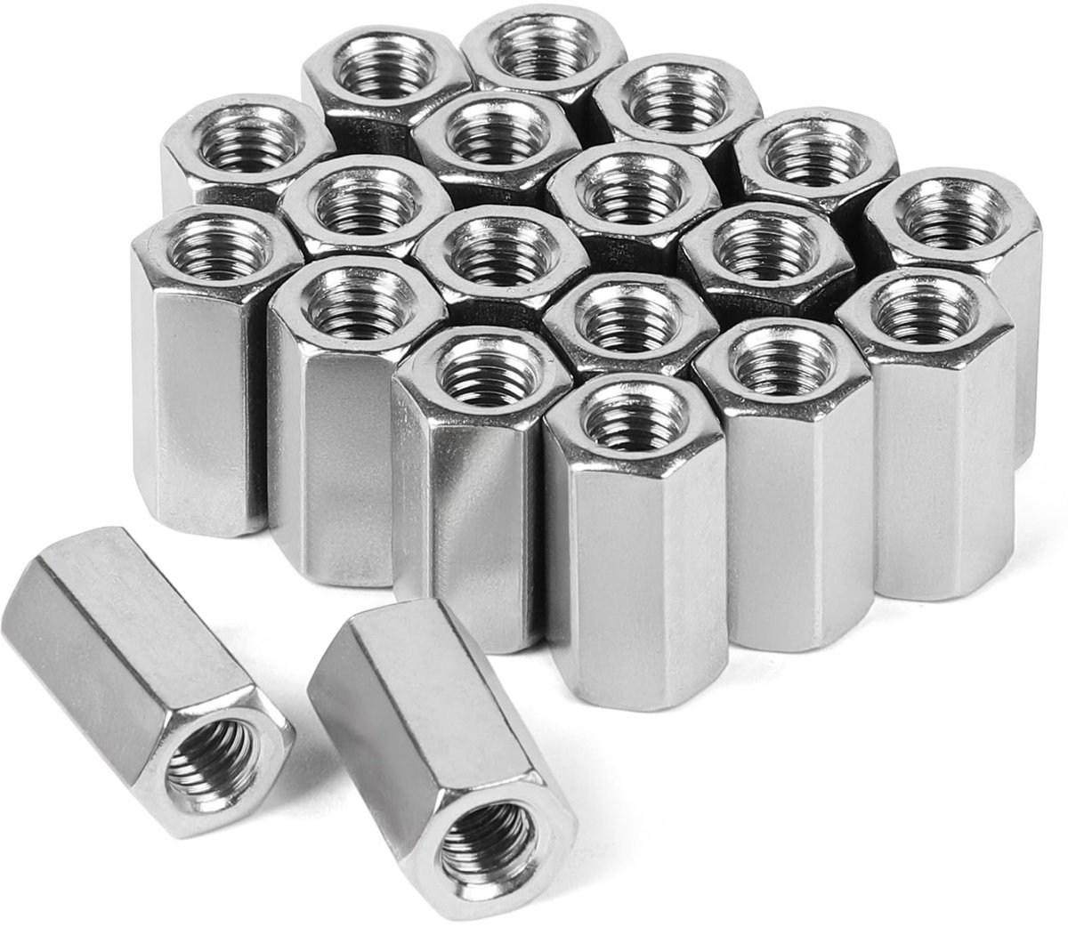 20 stuks M8 x 24 mm lange verbindingsmoeren roestvrij staal VA V2A A2, schroefmoeren verbindingsmof zeskant kruismoer schroefdraadbouten afstandshulzen lange moeren