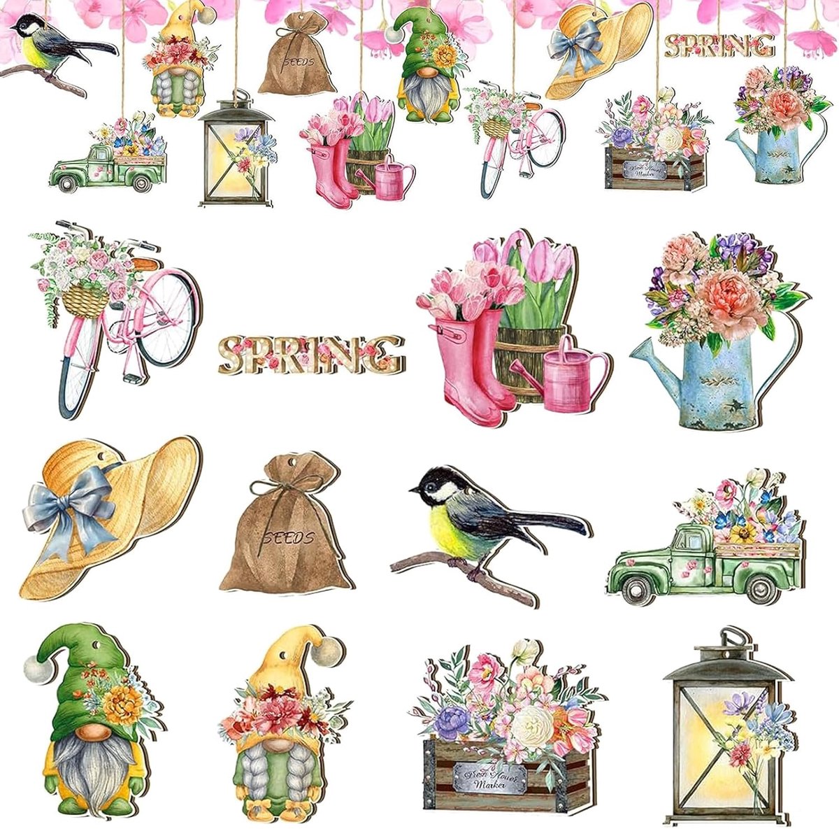 12 stuks decoraties lente boom om op te hangen kabouter hangers hout om te versieren vrachtwagen cadeau kinderen handwerk voor lente en zomer (C)