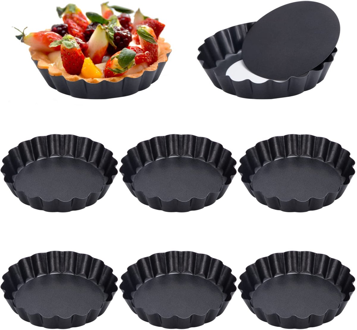 8 stuks taartvorm met afneembare bodem, 10 cm, antiaanbaklaag, rond, quichevorm, van koolstofstaal, gekarteld, voor individuele taarten, muffins