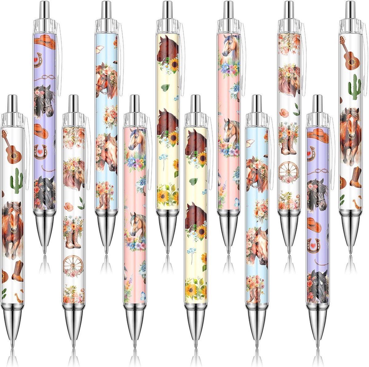 Set van 12 stuks paardenmotief, intrekbare balpen, cartoon, balpen voor Kerstmis, cadeau voor paardenleraar, feest