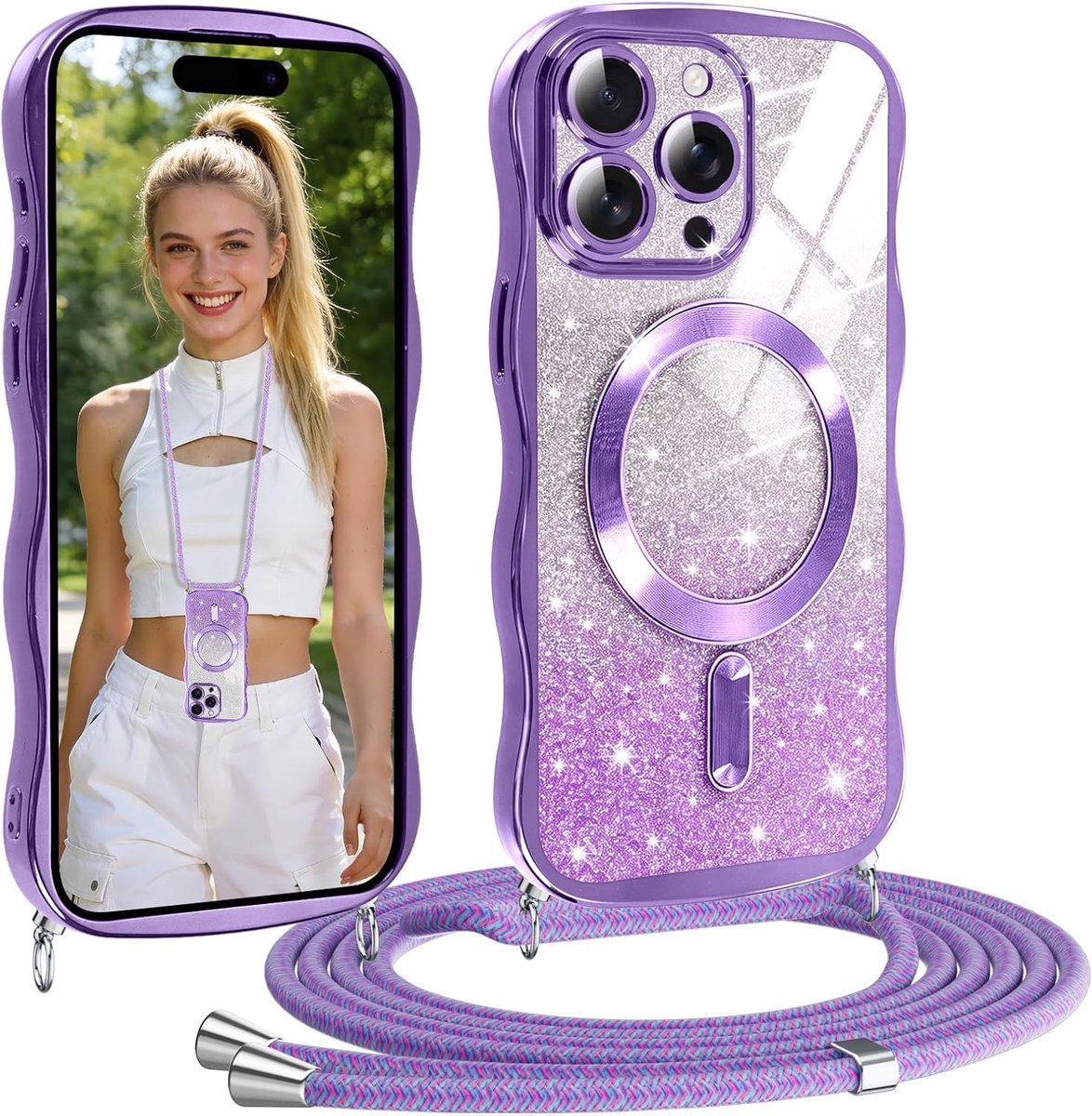 Telefoonketting voor iPhone 16 Pro Max, hoes met band, glitter magnetische halsketting, draagbaar met koord [Compatibel met MagSafe] [Camerabescherming] Transparant hoesje, paars