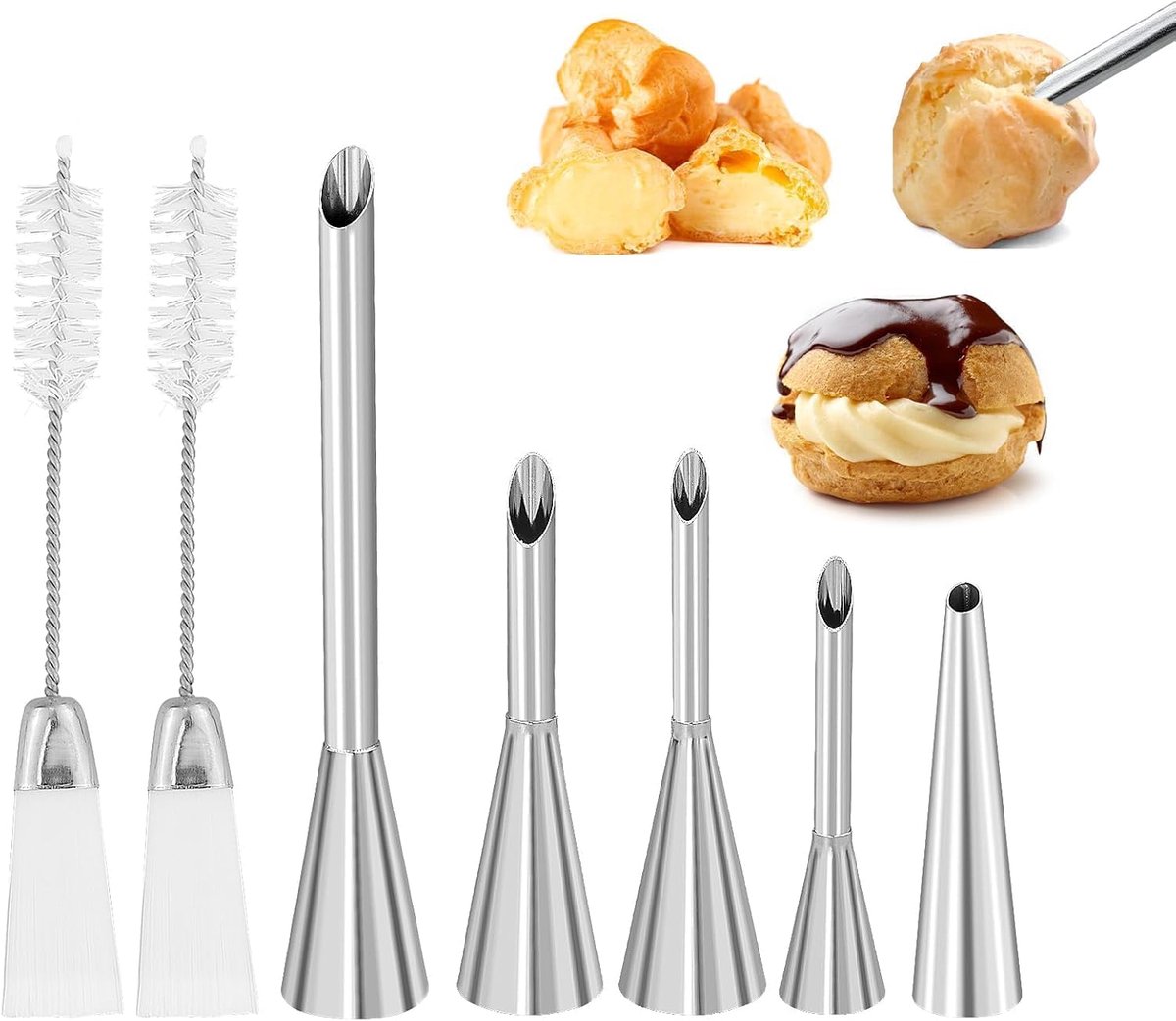5 stuks slagroomspuitmonden, glazuur, roestvrijstalen donut vulpen met reinigingsborstel, vulmondstuk voor jam, crème, bakker