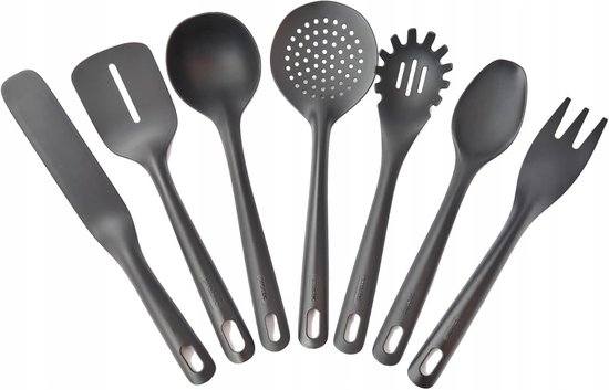 Keukenhulpset van nylon, keukengerei, kookgerei, kookset, spatel, pannenkoeken, spatel, lepel, scheplepel, vork, pasta, lepel, houder, zwart, 7 delen — afbeelding 3