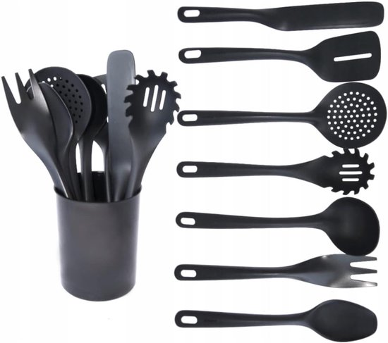 Keukenhulpset van nylon, keukengerei, kookgerei, kookset, spatel, pannenkoeken, spatel, lepel, scheplepel, vork, pasta, lepel, houder, zwart, 7 delen — afbeelding 4
