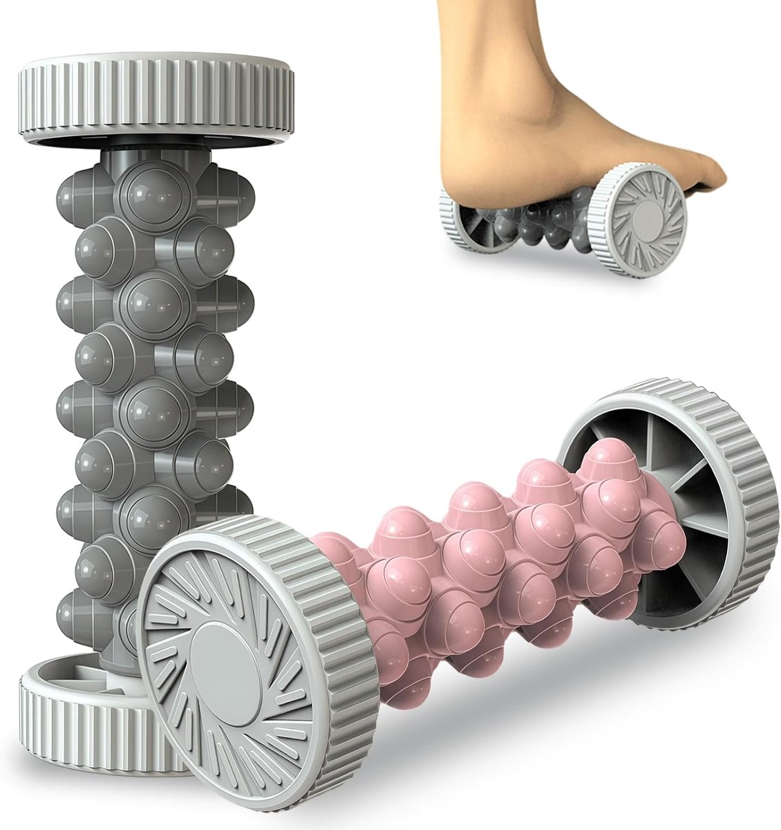 Voetmassageroller set van 2 (grijs en roze) voor plantaire fasciitis, draagbare rubberen massagerol voor het verlichten van voetboogpijn, hielspoor, spierpijn en stress – voetmassage voor thuis en op