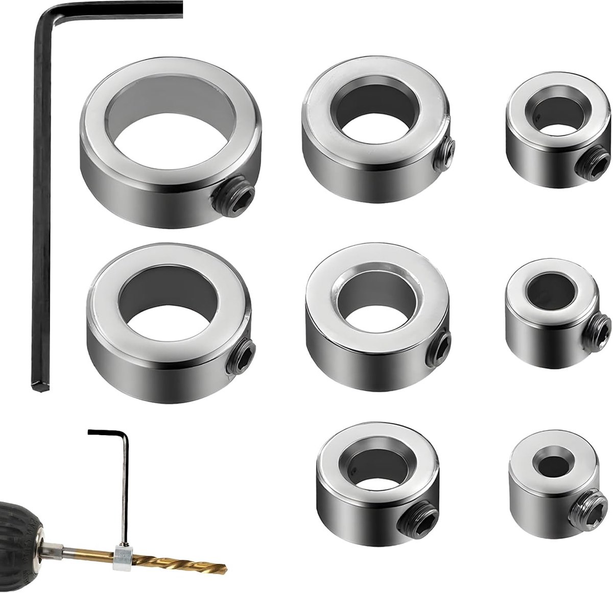 8 stuks diepteaanslag voor boren, 3/4/5/6/8/10/12/16 mm roestvrij staal, boordieptebegrenzer, standregelaar, ring met zeskantsleutel, asboringsring, komt stalen stelringen voor boren en houtbewerking