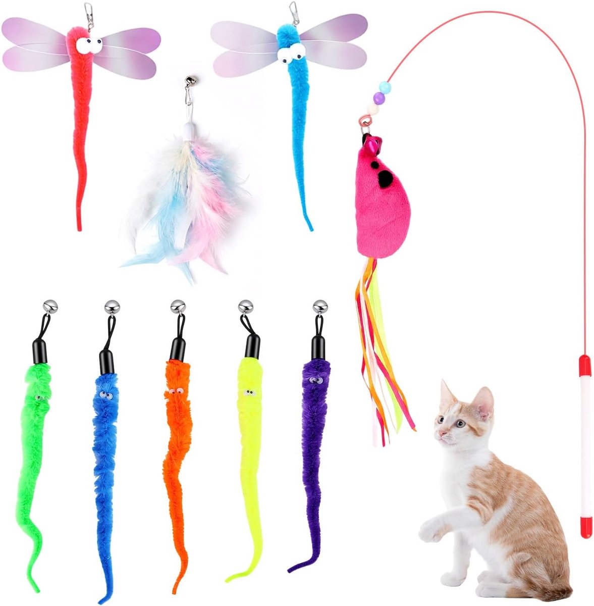 9 stuks kattenspeelgoedset, veerspeelgoed, pluche speelgoed, speelgoedmuizen, variety pack voor kitty, verstelbare hengel voor interactief speelplezier en zelfbezigheid