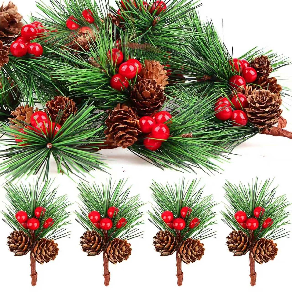 Dennentakken, dennentakken, kunstdennentakken met bessen en dennenappels, dennentakken, decoratieve takken, Kerstmis, voor doe-het-zelf Kerstmis, knutselen, krans