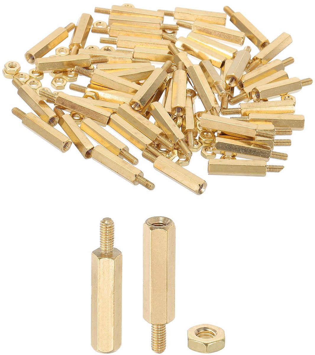 M2,5X18mm+6mm Standoff Schroeven, 100 Stuks Mannelijk naar Vrouwelijk Hex Messing PCB Standoff Afstandhouder Schroef Moer Assortiment Kit voor PCB Computer Circuit Board, Goud
