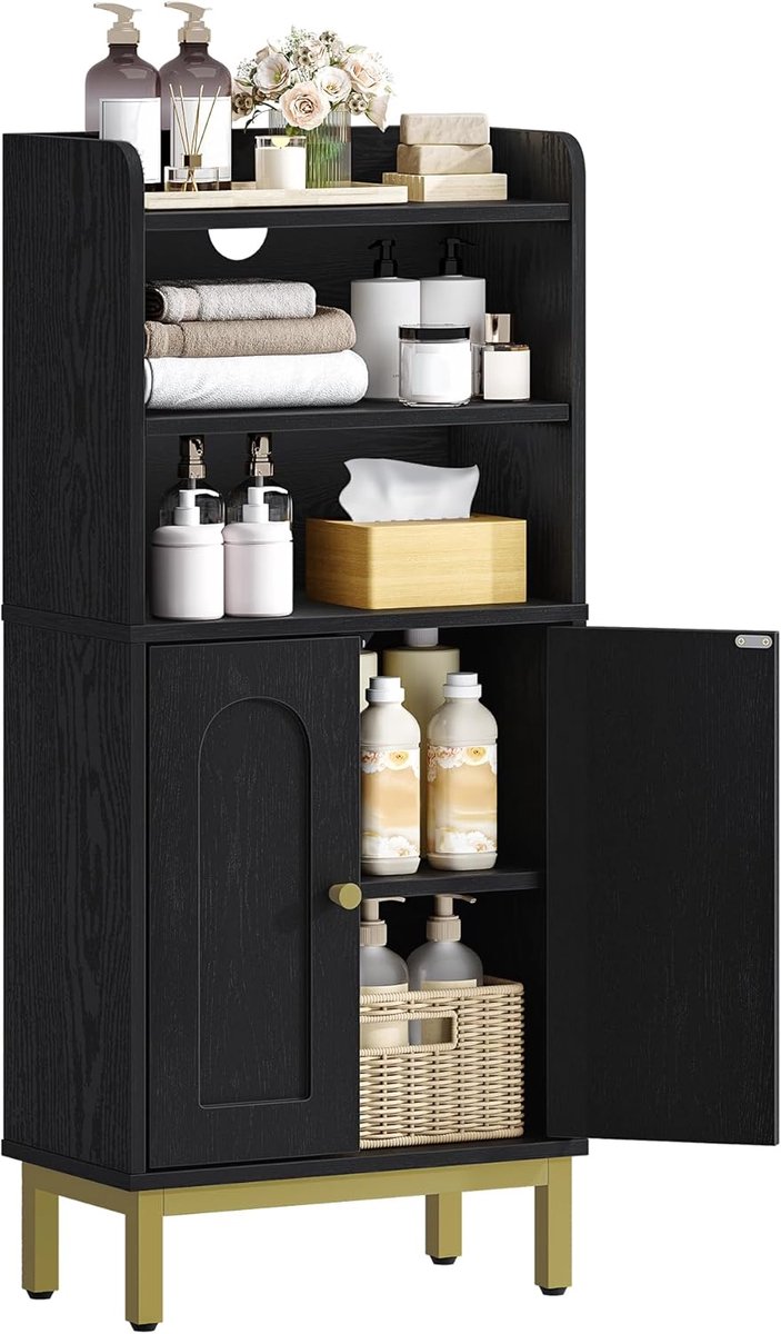 Hzuaneri Badkamerkast, badkamerkast, keukenkast met 2 open vakken, 2 deuren, 2 verstelbare planken, vrijstaande badkamerkast, 20 × 37 × 83 cm, Zwartgoud