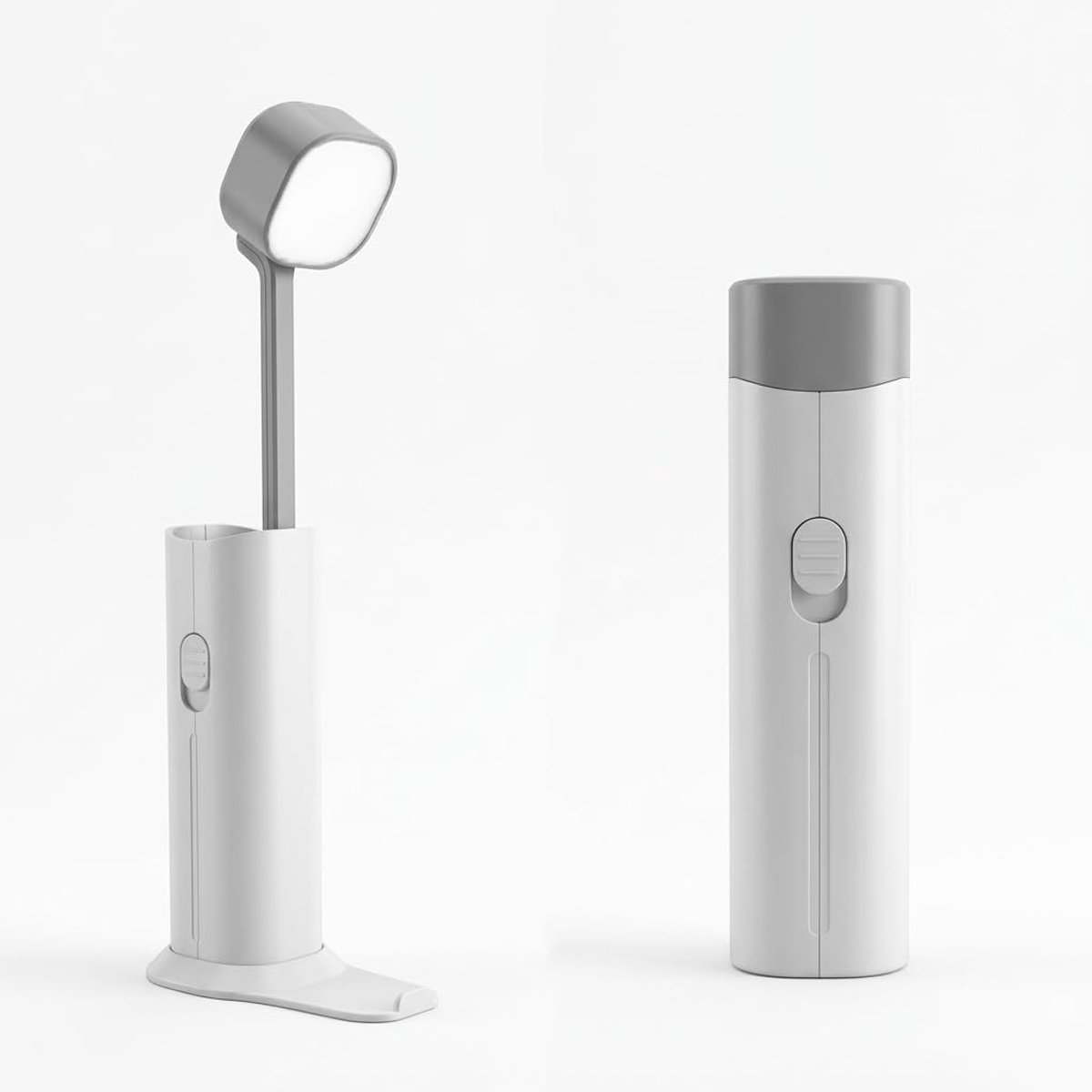 Draadloze 4-in-1 oplaadbare bureaulamp – Opvouwbare en uitschuifbare bedlamp – Combineert zaklamp, telefoonstandaard en ingebouwde powerbank – Voorzien van 3 helderheidsstanden – Geschikt voor lezen, studentenkamers, kamperen en als noodverlichting