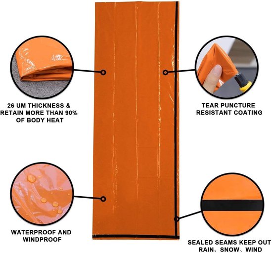Noodslaapzak - Bivakzak - Survival buiten - Warmtebehoud 90% - 2 stuks - Oranje — afbeelding 3