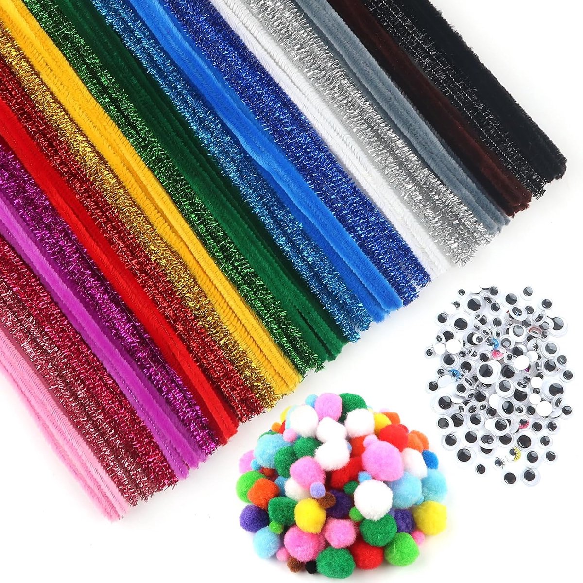 Chenille Draadstaven, kleurrijk, kuur, pijpen, reiniger, 100 stuks, met beweegbare ogen, stickers, 154 stuks en meerkleurig, pompons, 100 stuks, voor kunst, doe-het-zelf, handwerk, decoratie,