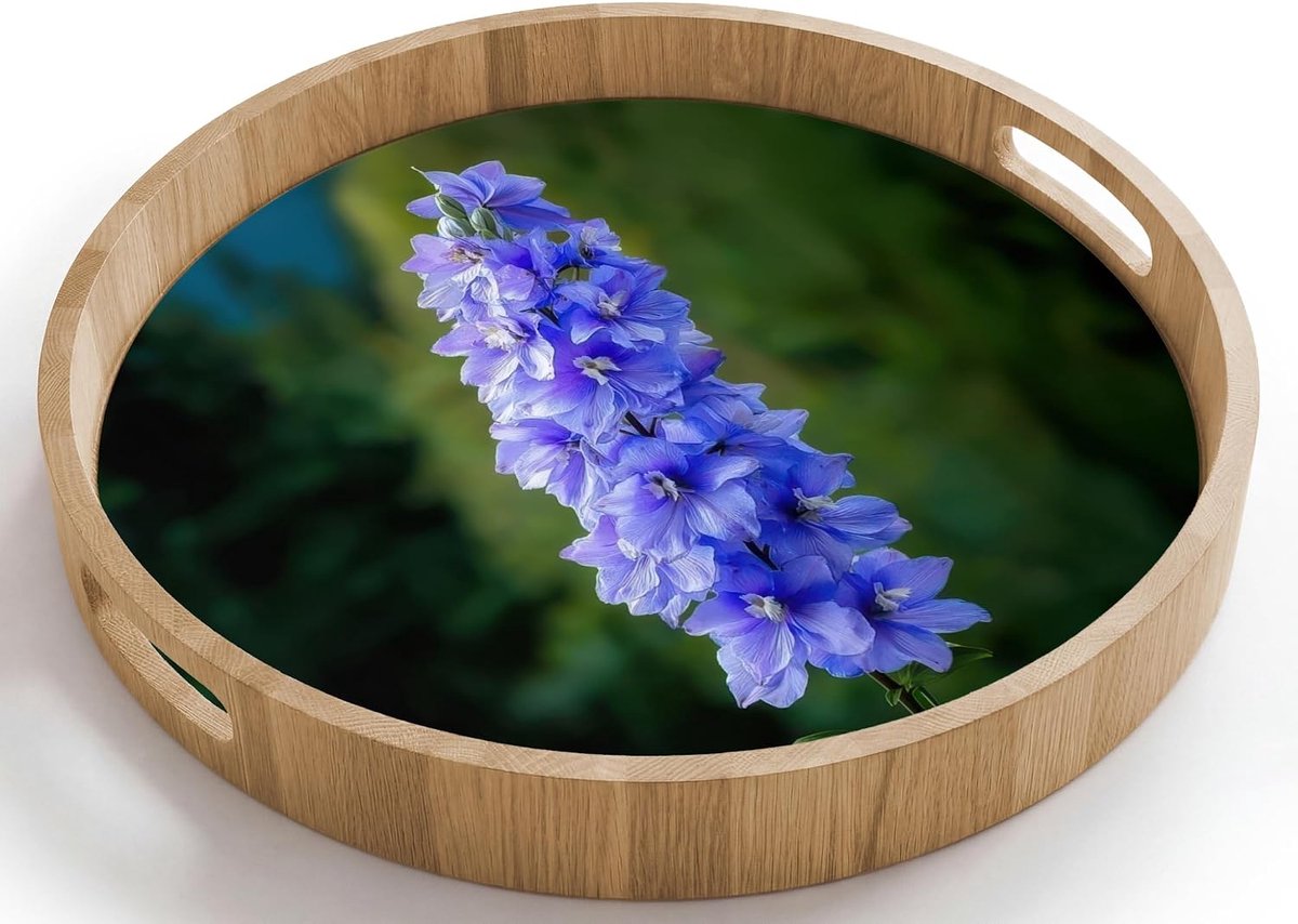 Dienblad Rond 40x40 cm Houten Serveerblad Met Handgrepen Gelakt Eikenhout Krasbestendig Hittebestendig Ontbijt Koffie Thee Eten Bloemen - Blauw - Dennenboom