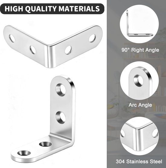 Hoekbeugel van roestvrij staal, 50 x 50 mm, hoekconnector, 90 graden, L-vorm met schroeven voor het bevestigen van houten meubels, 20 stuks, zilver — afbeelding 4