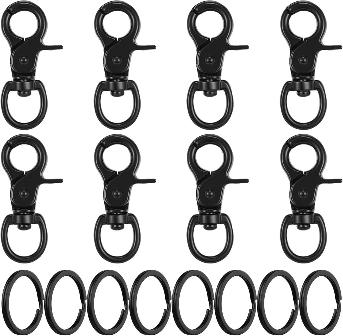 8 stuks sluitingen met zwarte veerklem, 8 stuks platte ring, draaibare karabijnhaak, karabijnsluiting van metaal, karabijnhaak met sleutelring, sleutelhanger