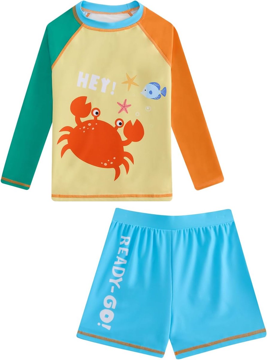 Zwemset voor jongens, lange mouwen, met dierenprint, 2-delige set met shirt en zwemshort, strandkleding voor kinderen, sneldrogend en stretch