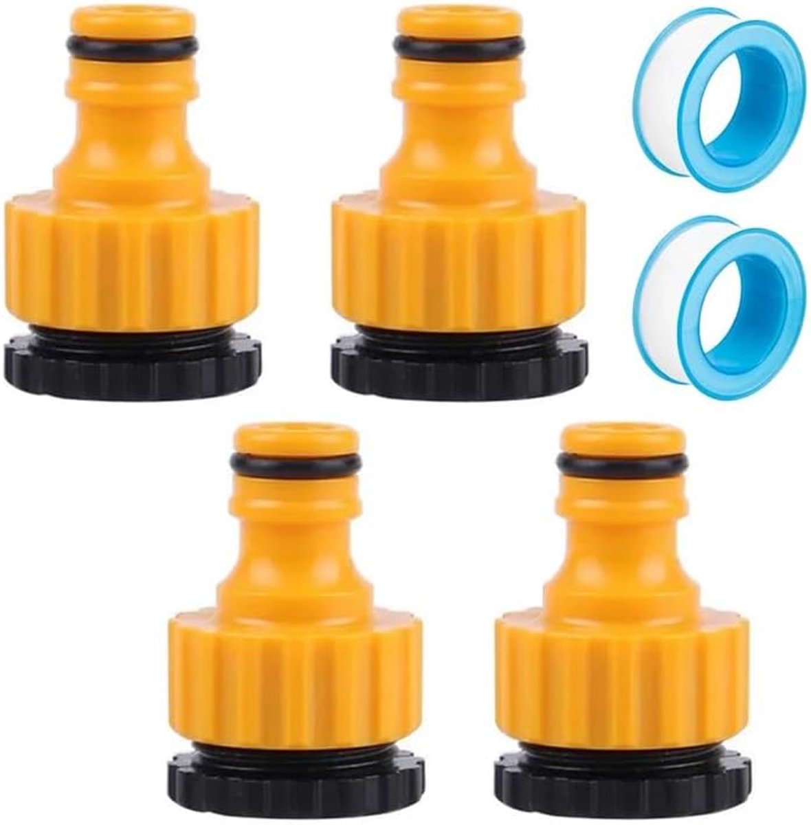Set van 4 kraanverbindingen 3/4 inch en 1/2 inch tuinslangadapter met 2 rollen afdichtband, universele kraanaansluiting voor irrigatiesystemen, slangaansluitset, kunststof, transparant