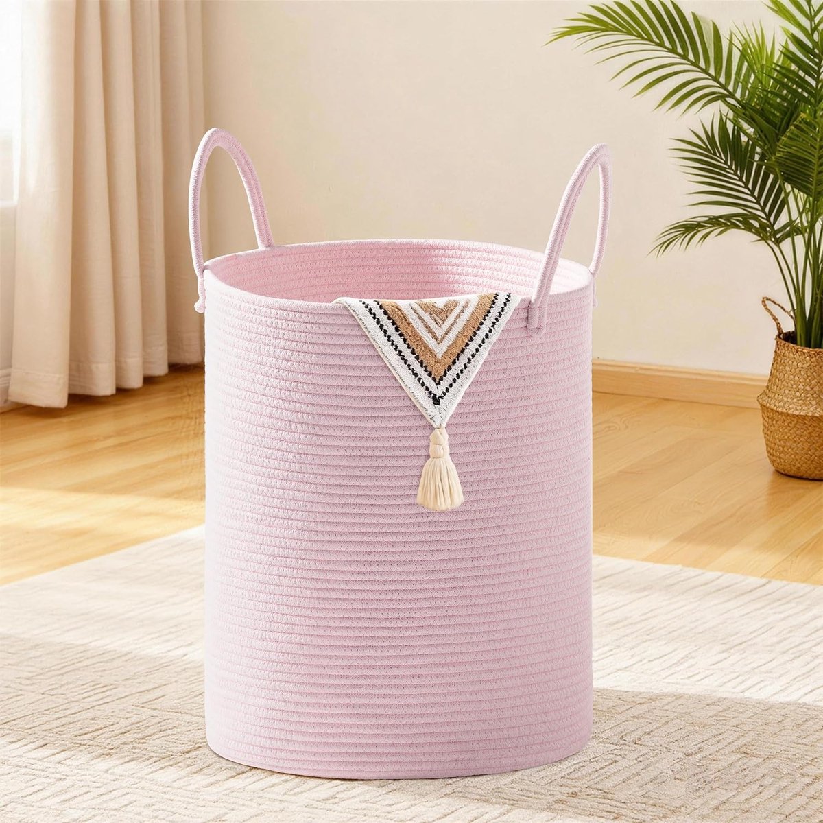 Katoenen Touw Wasmand Klein 38cm x 45cm - Opvouwbare Opbergmand met Handvat - Voor Wasgoed, Dekens en Speelgoed - 53L Roze | Katoenen handvat opbergmand voor wasgoed, dekens, kussens, speelgoed, in de kinderkamer, woonkamer, slaapkamer en wasruimte
