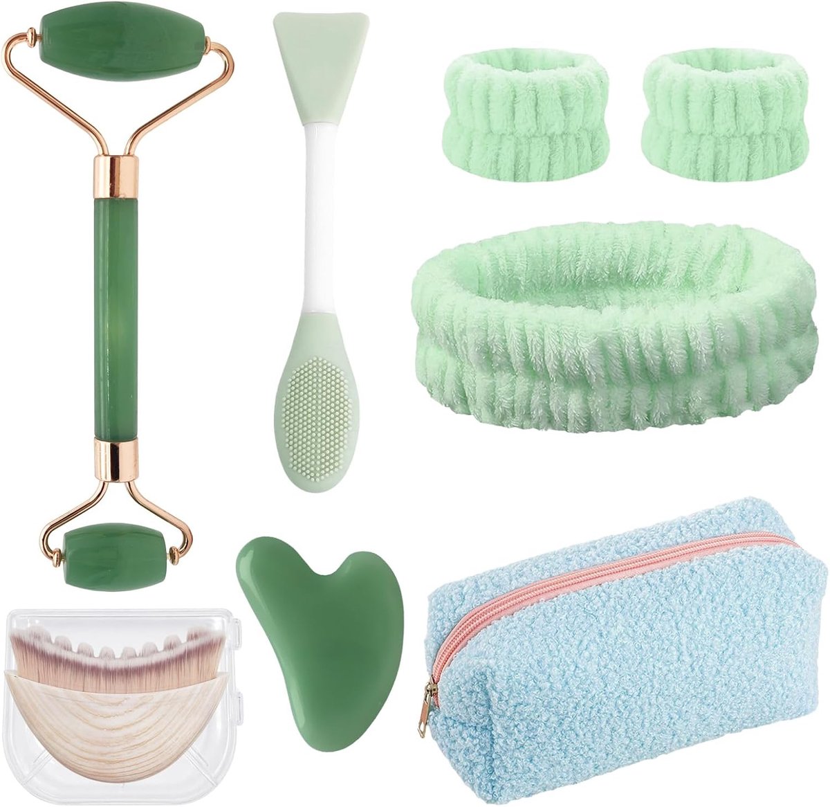 8 stuks Guasha gezichtsverzorgingsset, ontspanningscadeau voor vrouwen | met guasha-steen en gezichtsroller van rozenkwarts, cosmetische tas, haarband, gezichtsreinigingsborstel, massagesteen