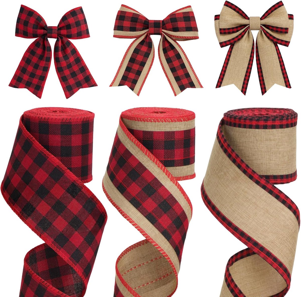 3 rollen x 6 meter kerst bedraad lint voor het maken van kransstrikken, 6,5 cm tartan breed bruin rood zwart jute versiering