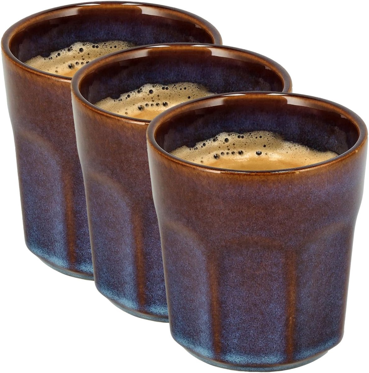 Set van 3 – Keramische Bekers 200ml Zonder Oor – Espresso Kopjes en Cappuccino Bekers – Blauw Bruin Glazuur – Aardewerk Koffiemokken – Voor Koffie en Thee