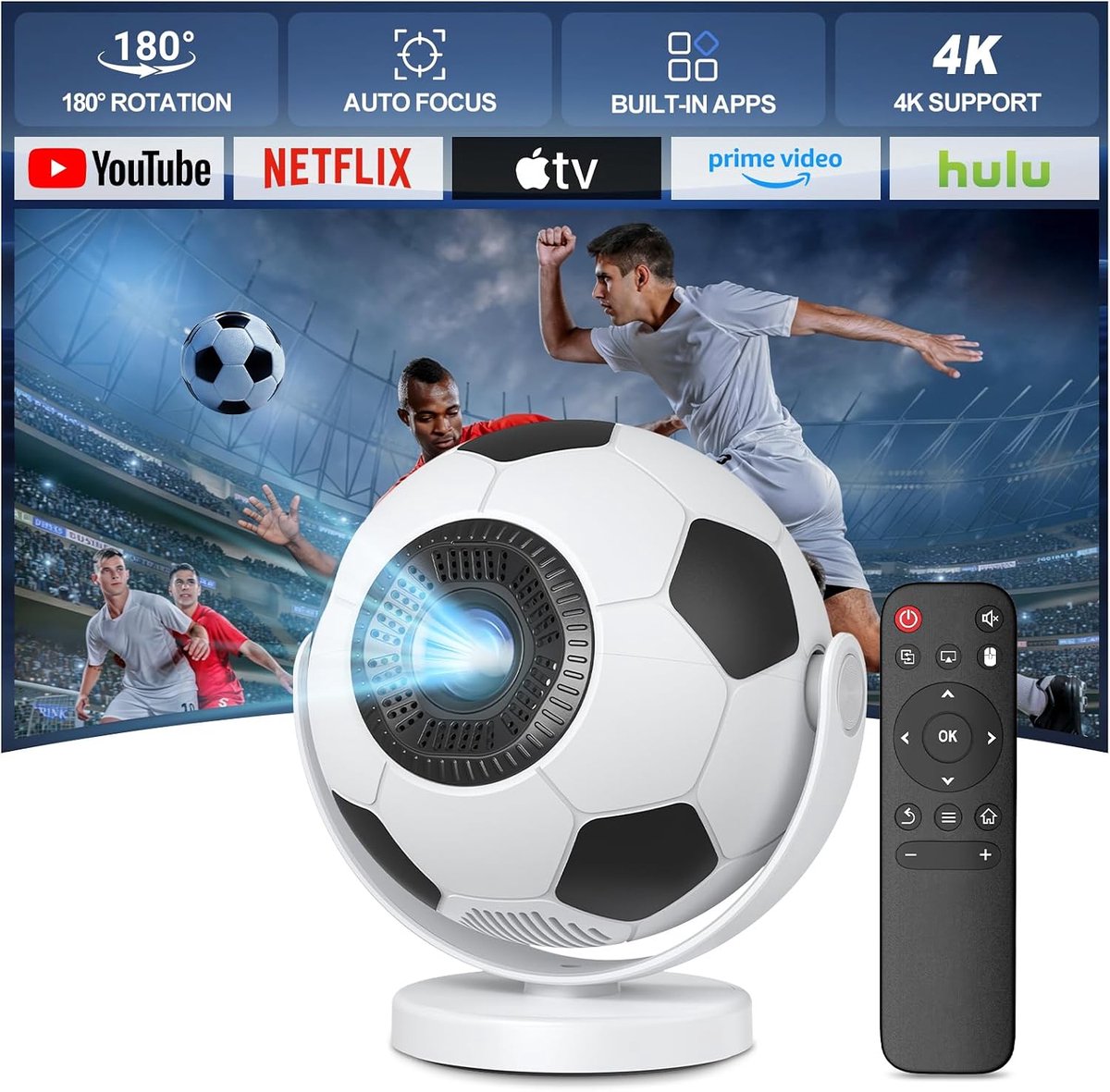 [Voetbalprojector] mini-beamer, smart projector met wifi 6 en Bluetooth 5.4, Android 14, 180° draaibaar, autokeystone. Draagbare projector compatibel met HDMI/tv-stick/laptop