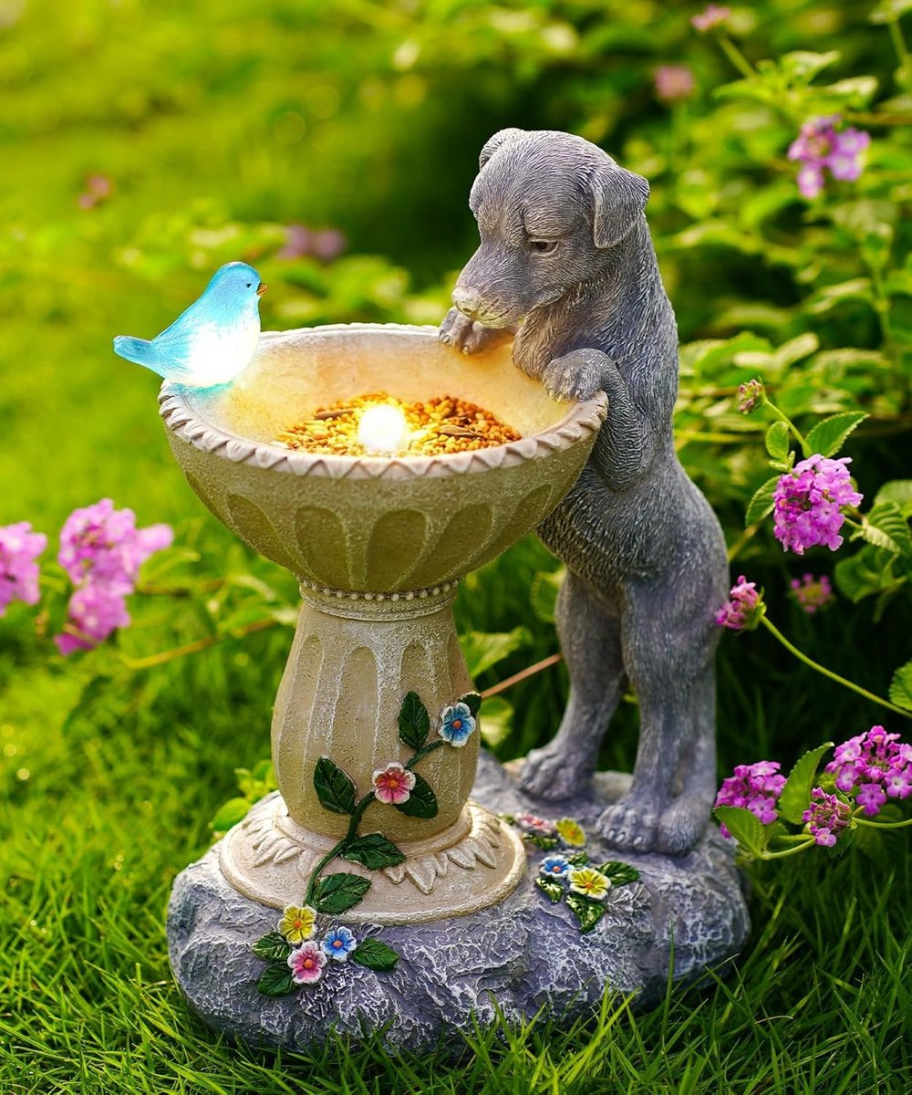 Tuinfiguur op zonne-energie met led-vogellicht, weerbestendig | Waterdichte decoratie voor tuin, balkon, terras, liefdevol cadeau-idee voor hondenbezitters, vrouwen en mama